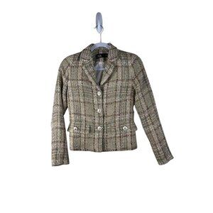 Zara Womens Tweed Blazer Jacket XS Metallic Plaid Button-Up